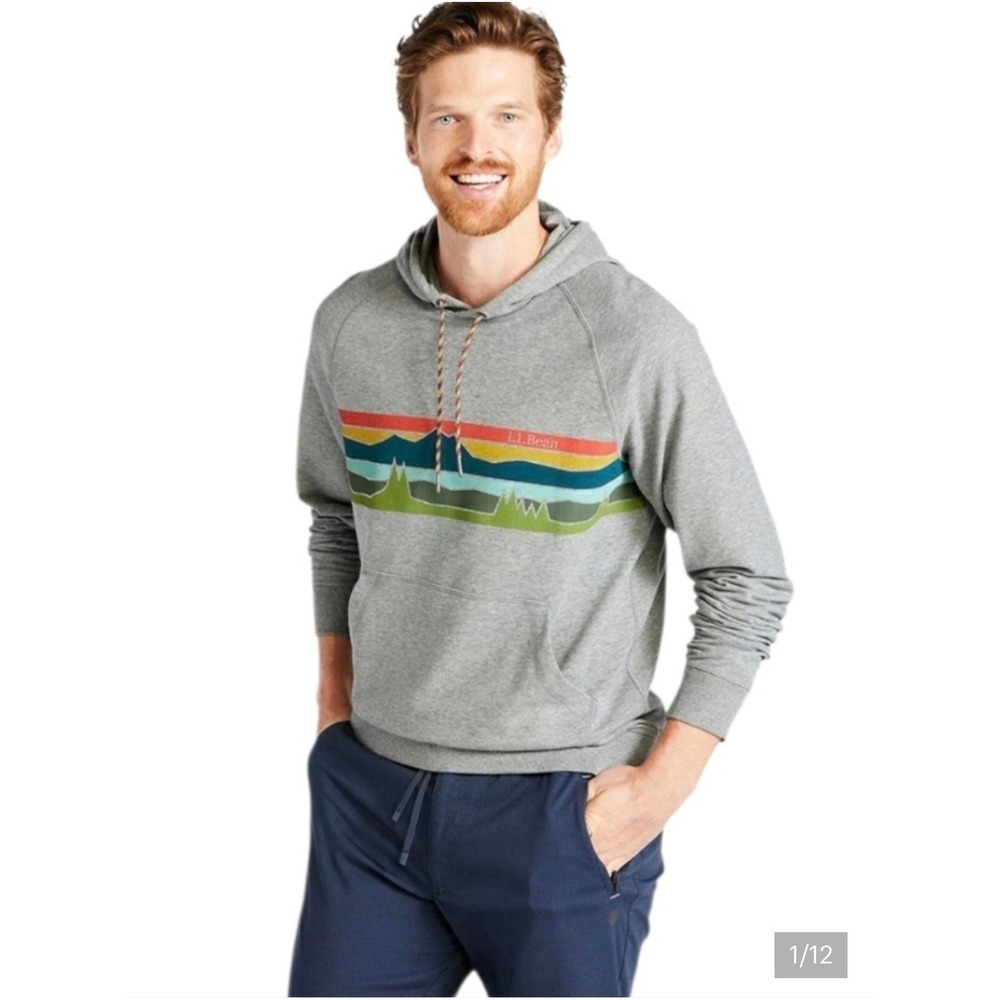LL Bean Mens Slightly Fitted Katahdin Graphic Hoodie Gray Sweatshirt L 515599